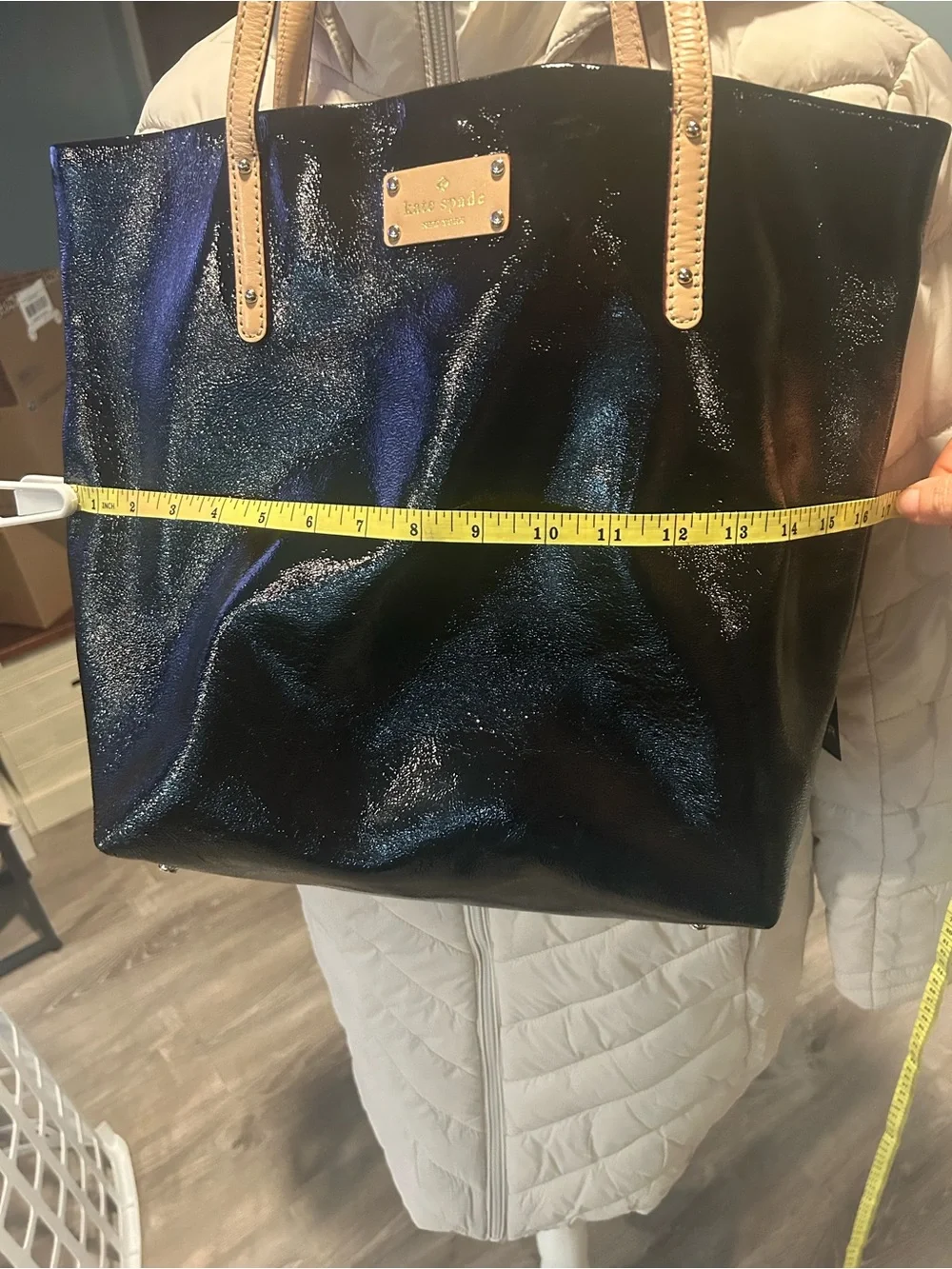 kate spade Black Patent Tote with Tan Leather Handles
